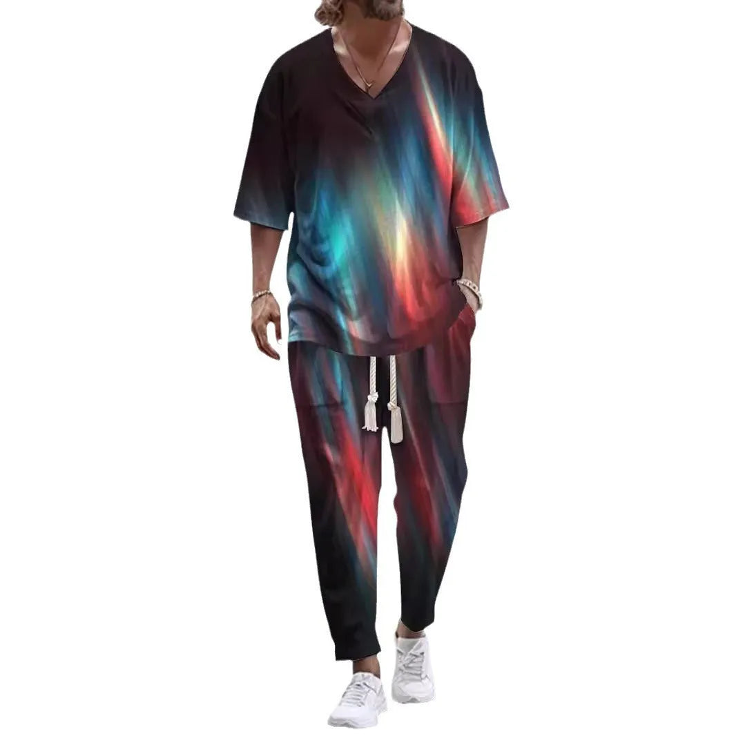 Cropped sleeves V-neck trousers suit in thin polyester fabric, available in multiple colours and sizes from S to 6XL