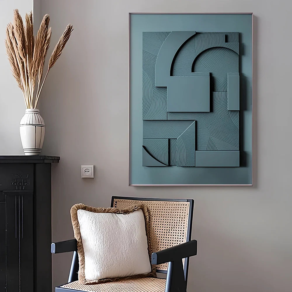 Geometric abstract canvas painting on knotless pine wood frame in modern style with spray-painted patterns