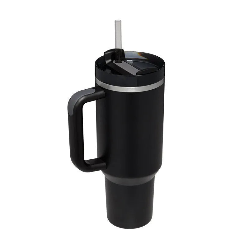 40 oz stainless steel insulated tumbler with handle and straw in tapered mug design
