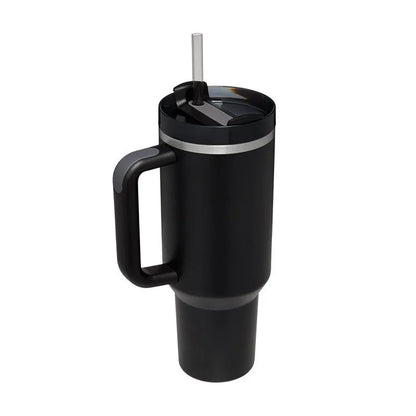40 oz stainless steel insulated tumbler with handle and straw in tapered mug design