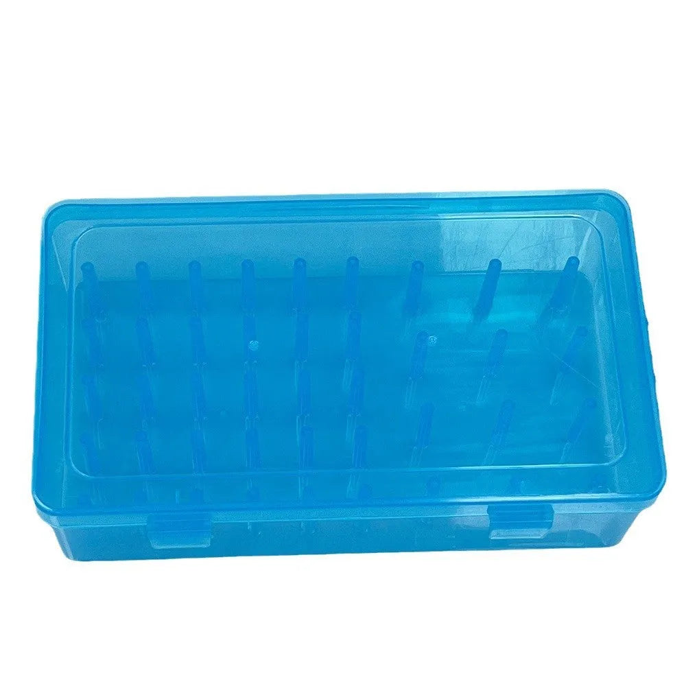 Transparent plastic sewing storage box with 42 labelled compartments for needles and threads