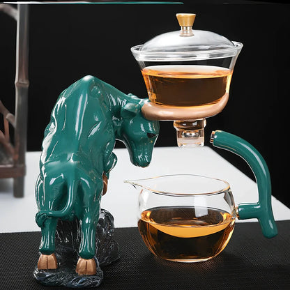 Niu Zhuan Qiankun glass semi-automatic tea maker in green bull, 2700g borosilicate with 1-litre capacity for even steeping