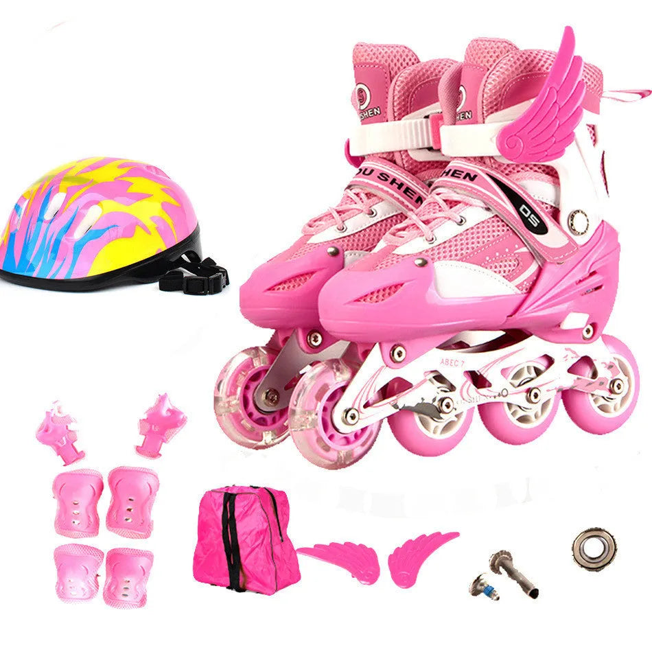 Adjustable children's inline skates in multiple colours with aluminium frame, helmet, protective gear, and backpack.