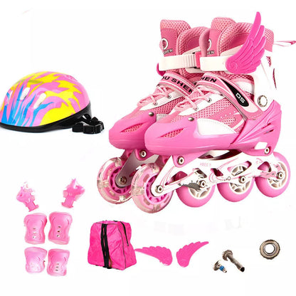 Adjustable children's skating shoes in yellow, red, blue, black, and pink with protective gear