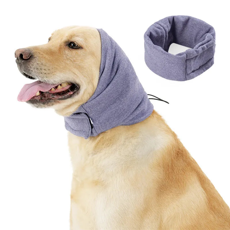 Black dog calming hoodie head wrap covering ears, shown on a dog as a hood and neck scarf.