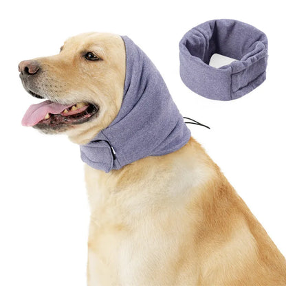 Black dog calming hoodie head wrap covering ears, shown on a dog as a hood and neck scarf.