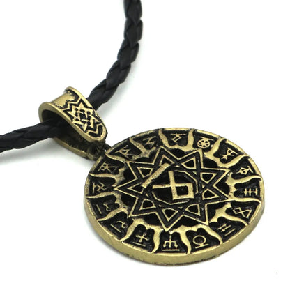 Lunavin ODing text logo pendant on an adjustable snake bones chain and leather rope in antique bronze finish.