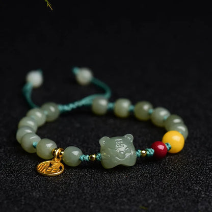 Natural Hetian jade cinnabar beeswax bracelet with animal zodiac modelling and 5x7mm beads
