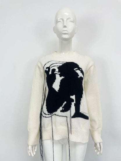 Women's grey alpaca wool sweater with abstract pattern and tassel design on regular sleeves