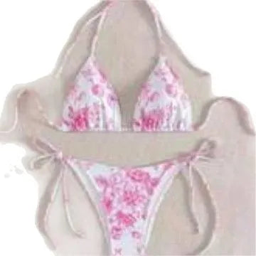 Halter neck lace-up bikini set with floral ink print, polyester lining, in black, light blue or pink