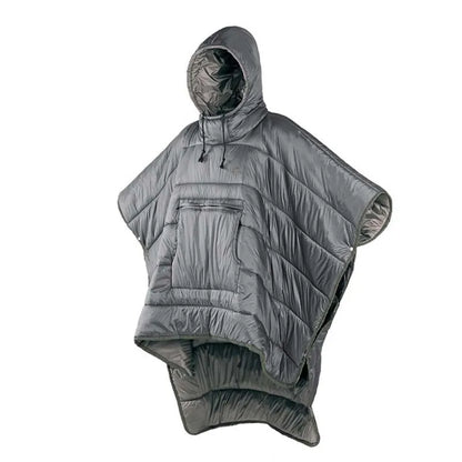 Adult outdoor cloak sleeping bag in Army Green or Grey, showing wearable design and 200x140cm dimensions
