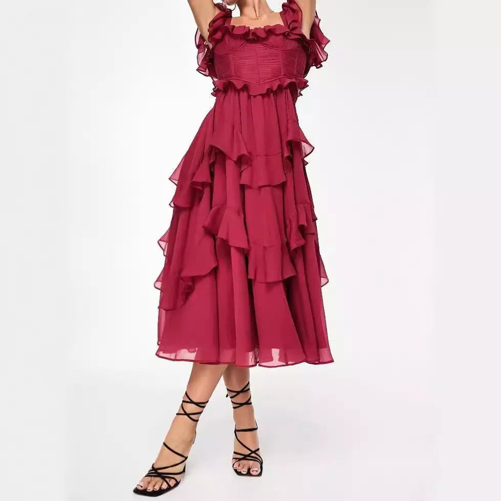 Summer holiday ruffled short-sleeved dress with backless square neck in pink and wine red