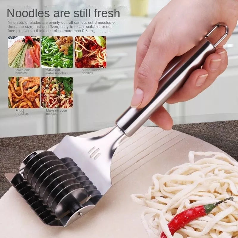 Stainless steel manual noodle cutter with 9-blade roller for uniform pasta