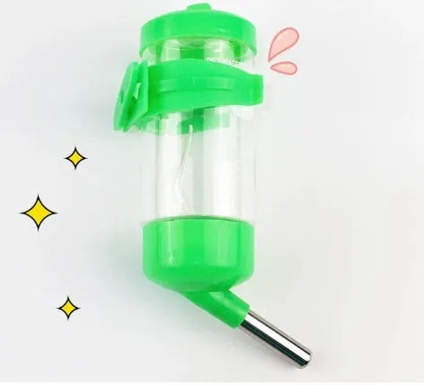 Green plastic ball kettle pet water feeder with leak-proof metal ball valve, shown alongside yellow, pink, white, and sky blue colour options.