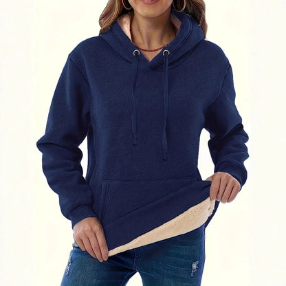 Women's loose fit hooded sweater in thick grey polyester fleece with 3D pattern and front pockets.
