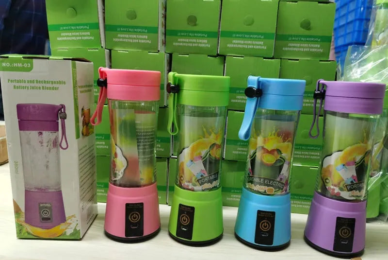 Portable USB rechargeable blender with pink colour option showing cup and six-blade design