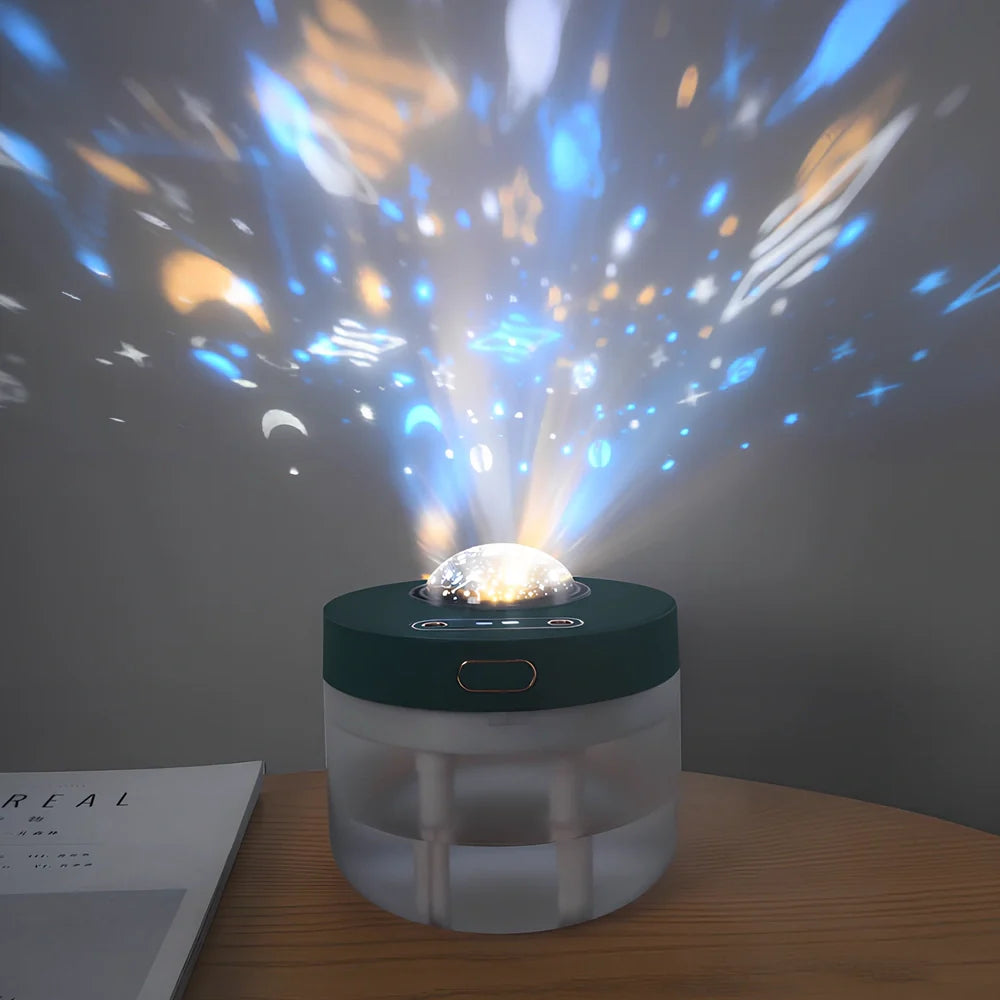 White portable humidifier with rotating projection light showing blue illumination and dual spray mist output