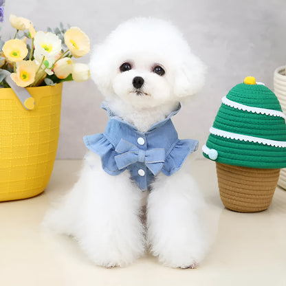 Blue denim dog dress with ruffles and integrated harness for leash attachment.
