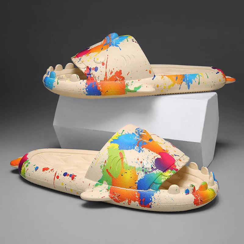 Shark-themed home slippers in EVA material, open-toe design, available in sizes 36-45 and multiple colours