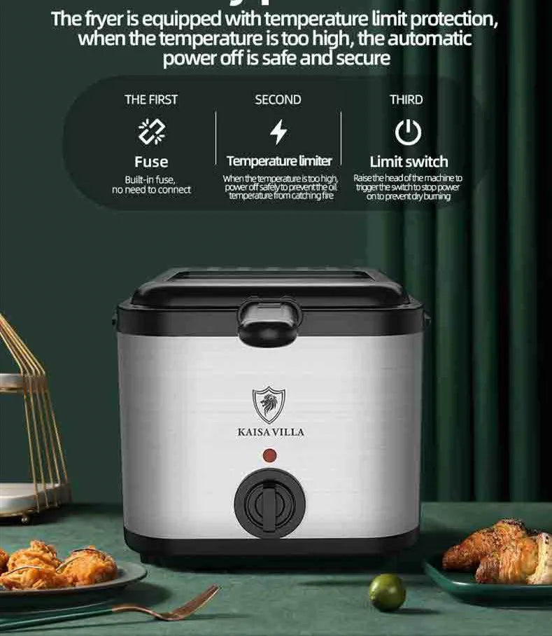 Silver electric air fryer appliance with detachable stainless steel basket on kitchen counter