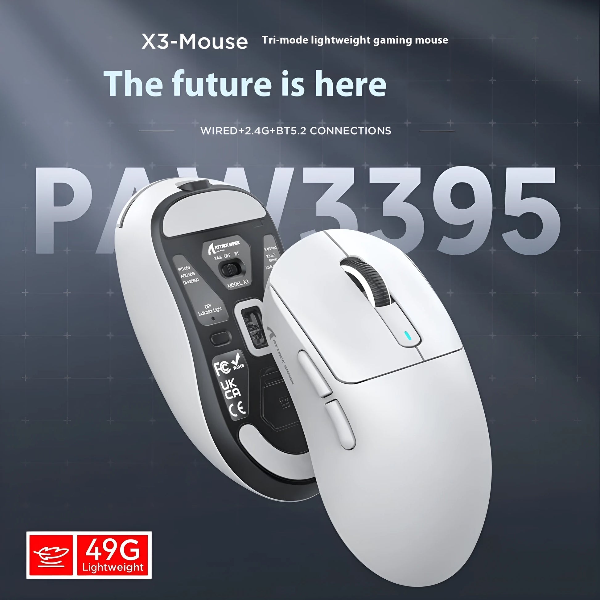 Wired wireless Bluetooth three-mode rechargeable mouse in black, white, lavender, red, or orange with antislip tape options