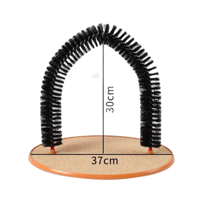 Black arch-shaped cat grooming brush with scratching fibre and an attached mouse toy on a non-slip base