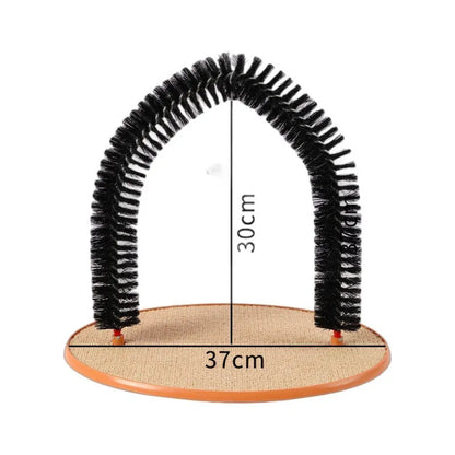 Black arch-shaped cat grooming brush with scratching fibre and an attached mouse toy on a non-slip base