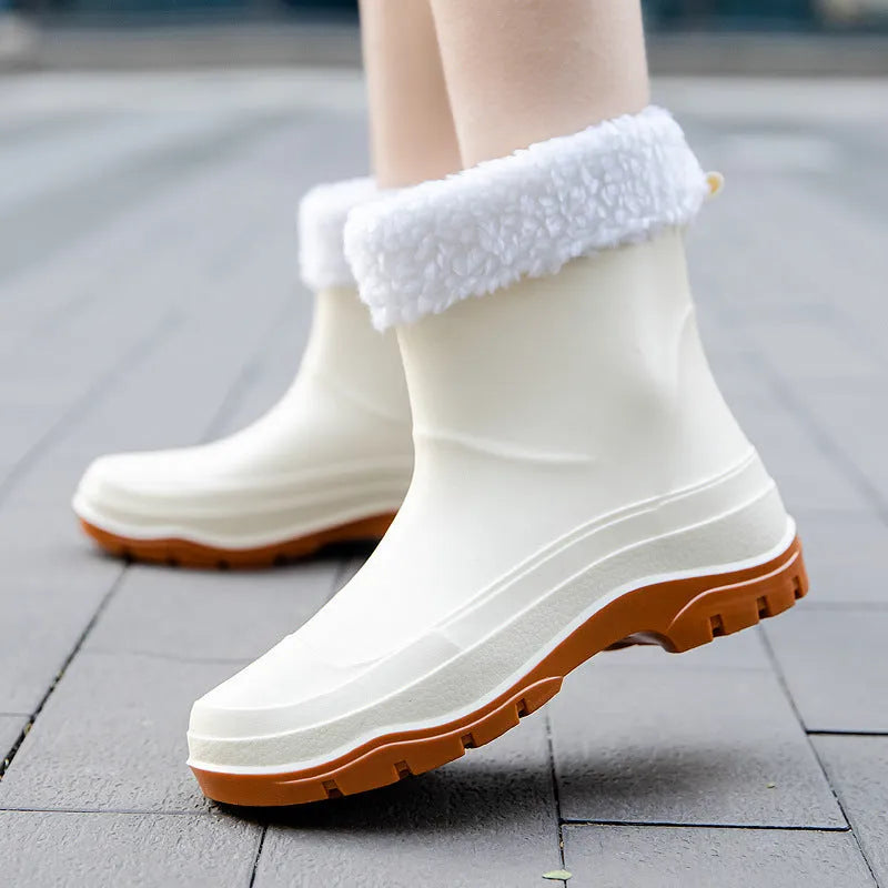 Women's low-cut white waterproof plastic shoes with a non-slip rubber sole on a plain background.