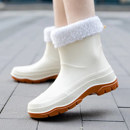 Women's low-cut white waterproof plastic shoes with a non-slip rubber sole on a plain background.