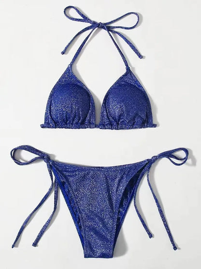 Women's khaki gold bandage style bikini with structured panels on a neutral background