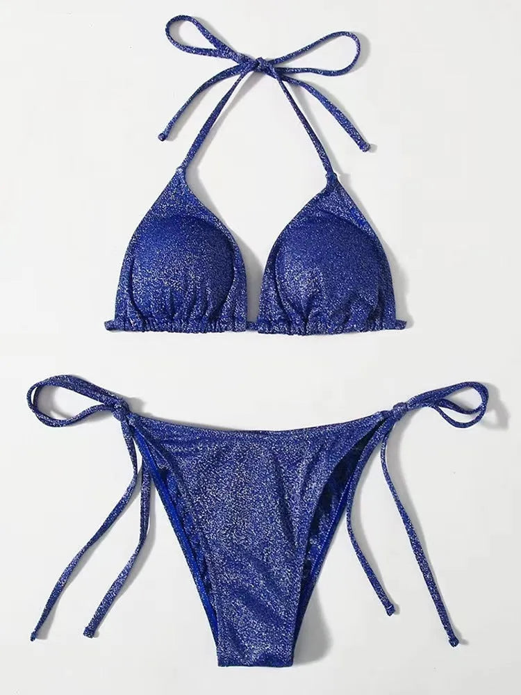 Khaki gold women's bandage bikini with V-neck top and high-waisted briefs on a mannequin.