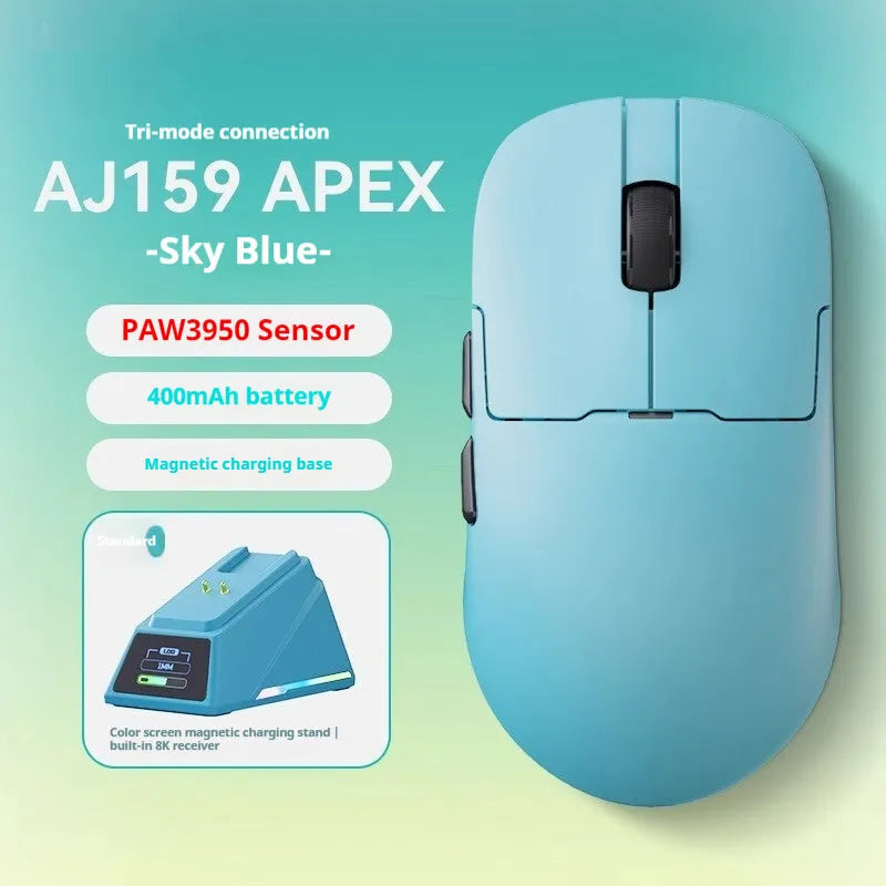 AJ159 gaming mouse in various colours showing its compact shape and Teflon foot pads.