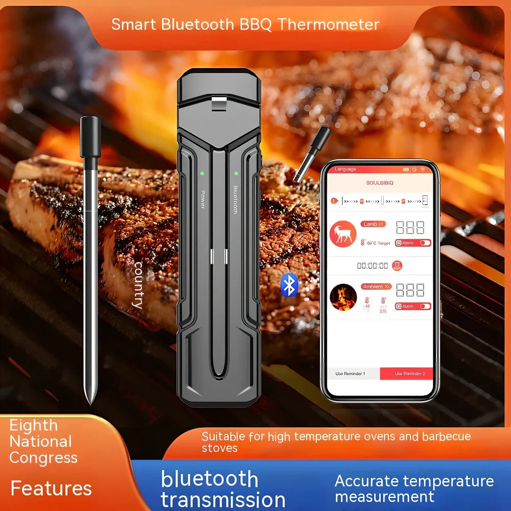 Black wireless kitchen thermometer with LCD display, two stainless steel probes, and magnetic backing for oven door attachment