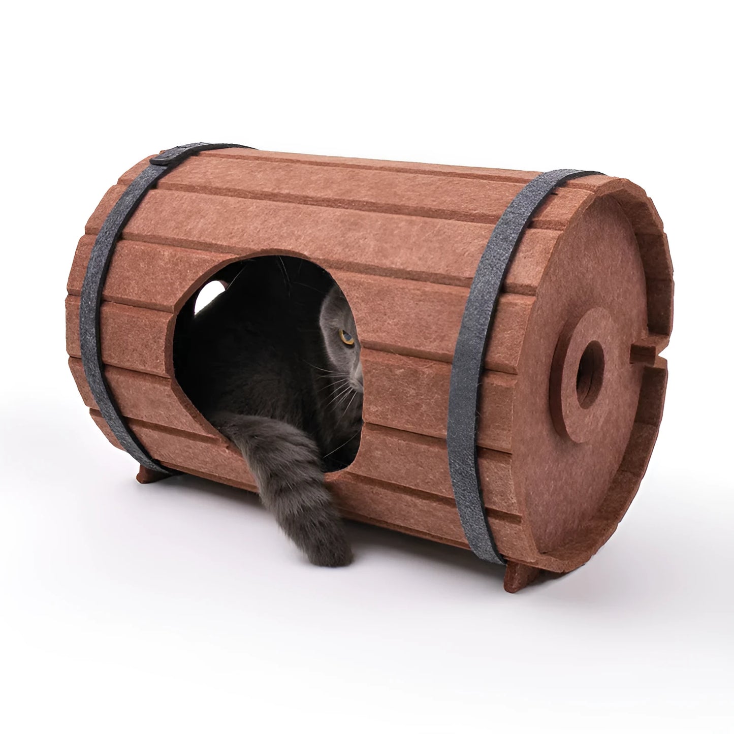 Assembled brown polyester fibre felt wine barrel cat bed for pets