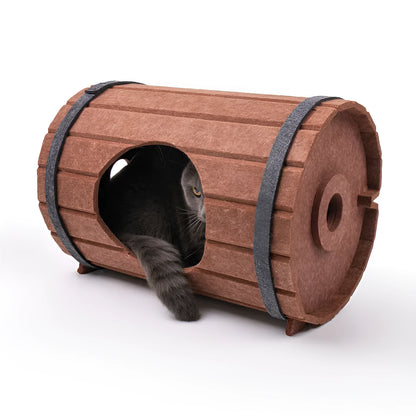 Assembled brown polyester fibre felt wine barrel cat bed for pets