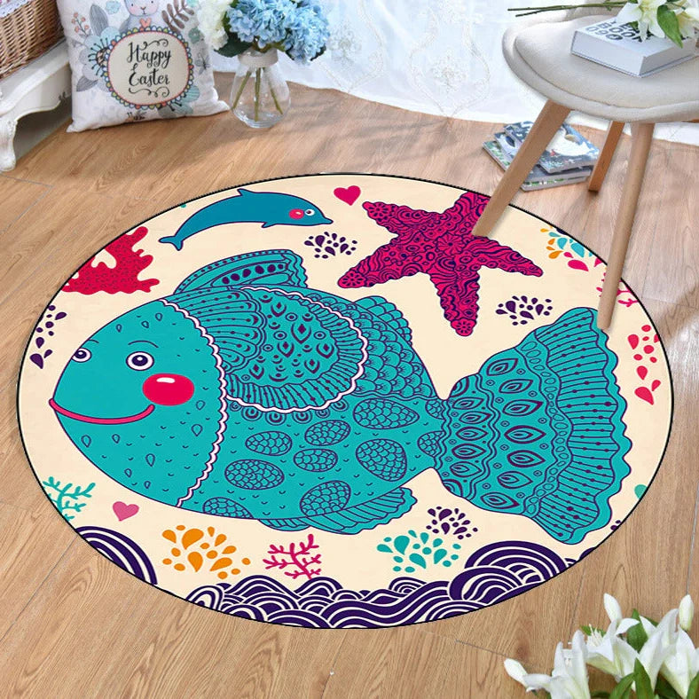 Round crystal velvet carpet with cartoon anime pattern under sofa for floor protection