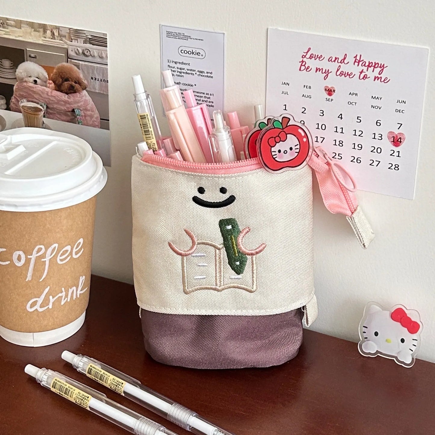 Brown and green cartoon collapsible pencil case measuring 17x14cm with Oxford fabric construction