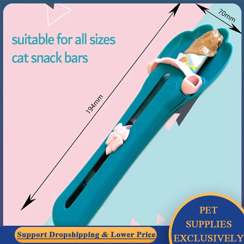 Green and pink pet food scoop and squeezer dispenser for cats and dogs.