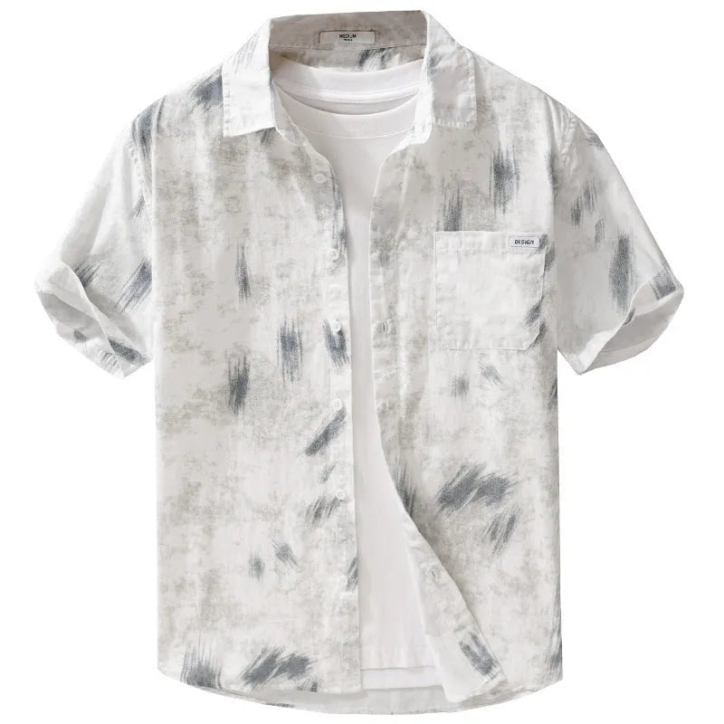 Men's light green floral print cotton cardigan with short sleeves on a hanger.