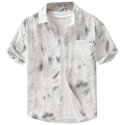 Men's light green floral print cotton cardigan with short sleeves on a hanger.