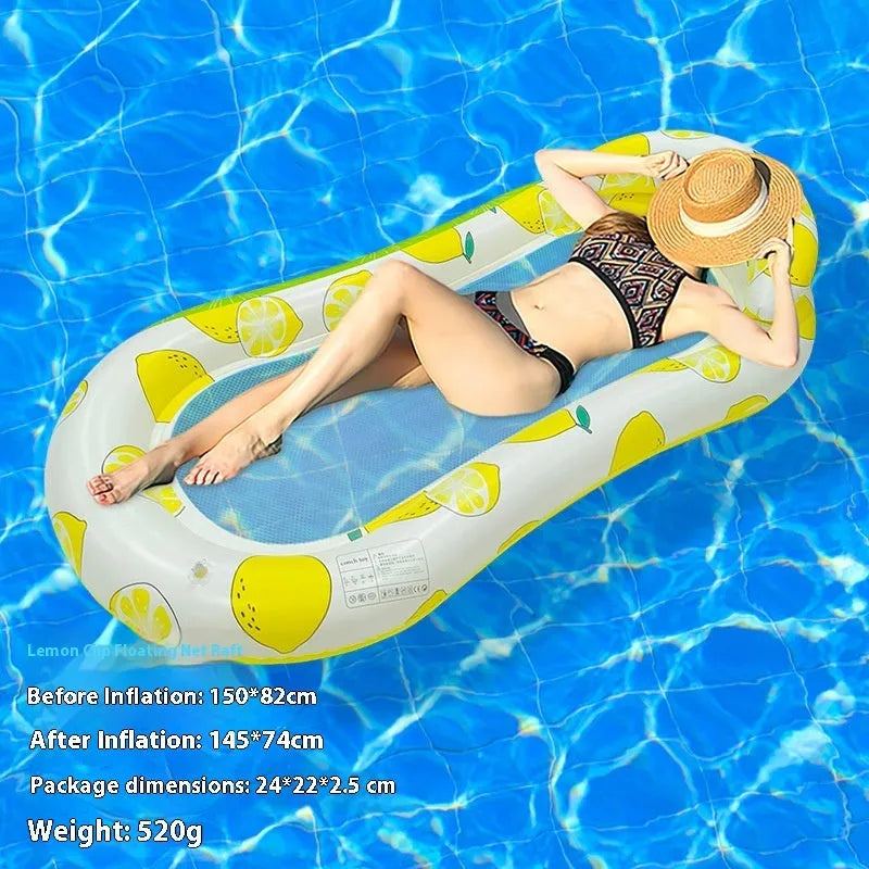 A person lounging on a large, colourful inflatable floating row with sequin details in a swimming pool.