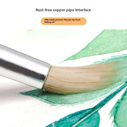 Six wooden pen brushes with pointed hook line design and wool bristles arranged together