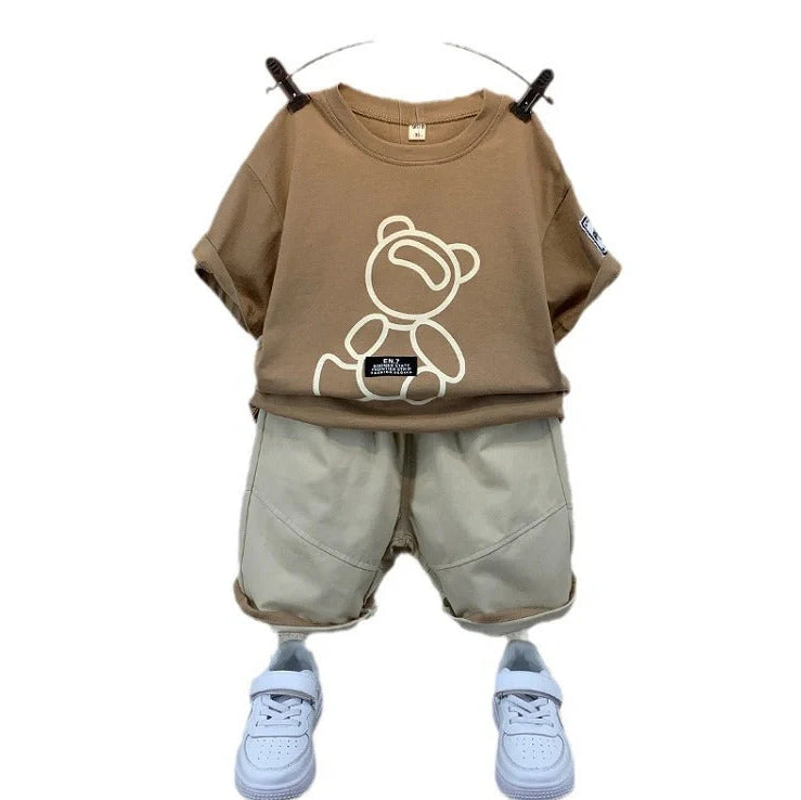 Children's khaki cotton two-piece set with bear print, short sleeves and shorts, Korean-style summer clothing
