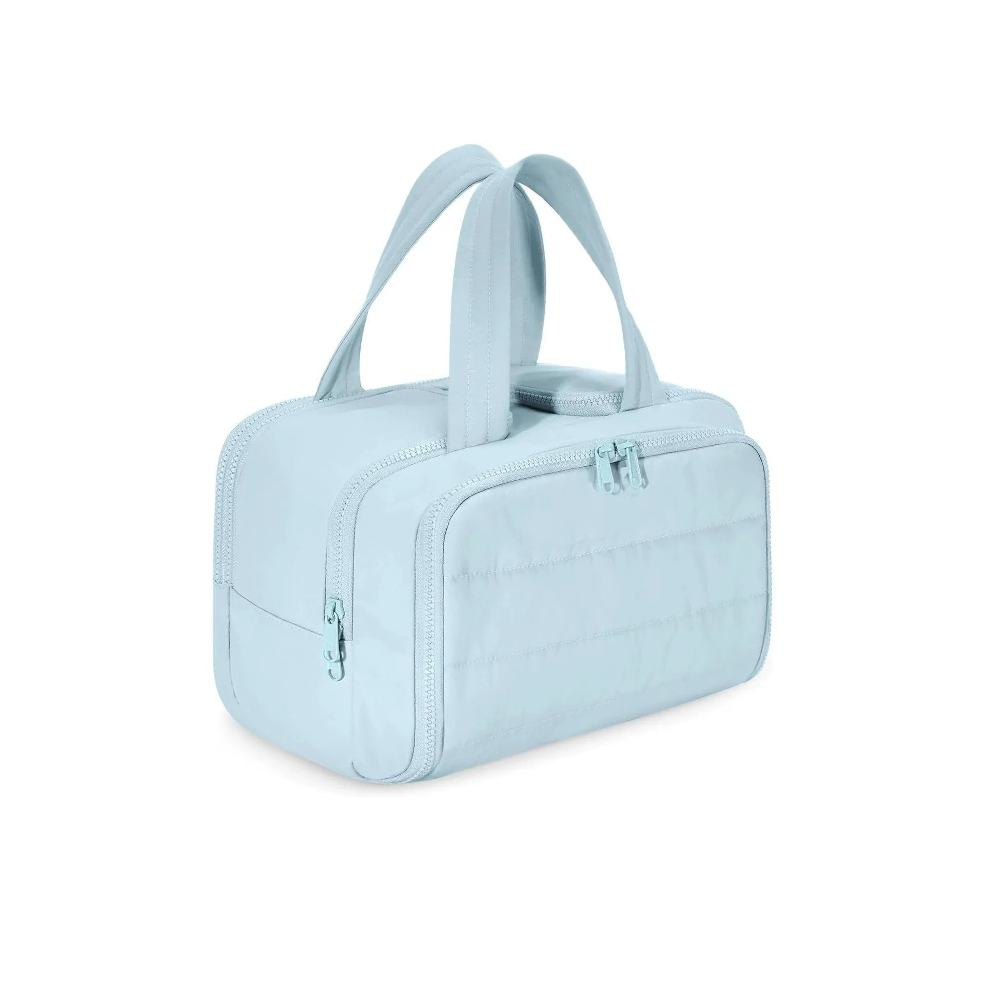 Travel toiletry bag with wide-open design showing 29.97cm length, available in six colours including black and pink