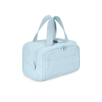 Travel toiletry bag with wide-open design showing 29.97cm length, available in six colours including black and pink