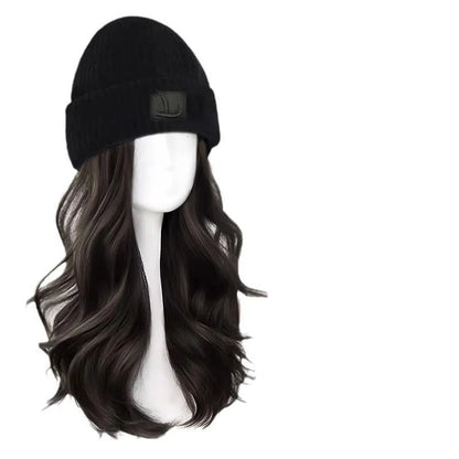 Hat wig with big wave curly hair in cold brown or brown black, full-head design for women, medium to long length