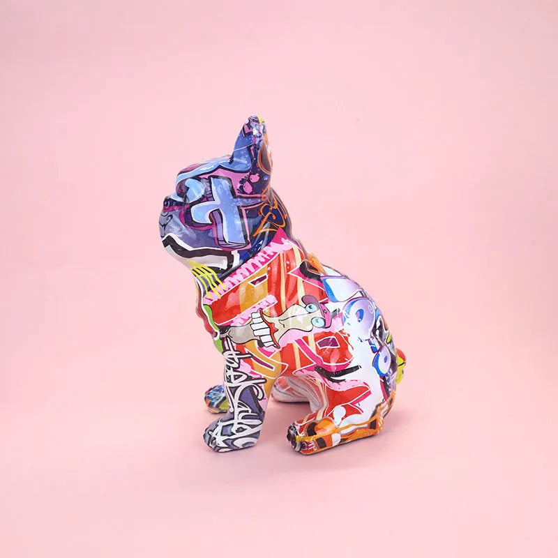 Modern graffiti-coloured resin bulldog statue on a white background.