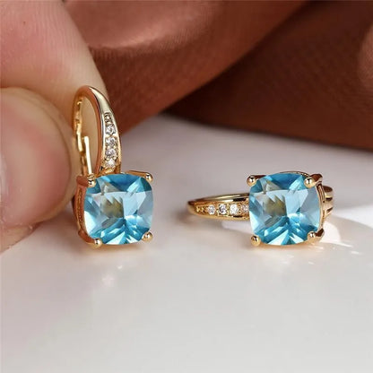 Square zircon inlaid ear hook earrings with geometric design and electroplated finish in golden tone