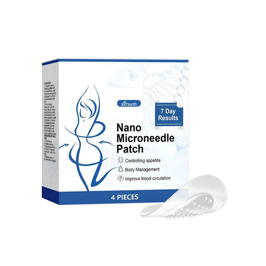 Four body shaping nano microneedle stickers in a pack with ingredients listed including cinnamon oil, ginger, and mugwort root