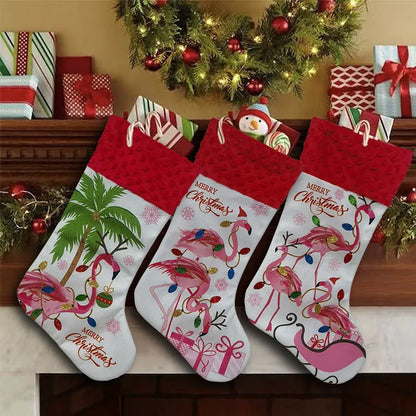 Flamingo Christmas stockings measuring 46cm by 28cm in cloth material with hanging loop